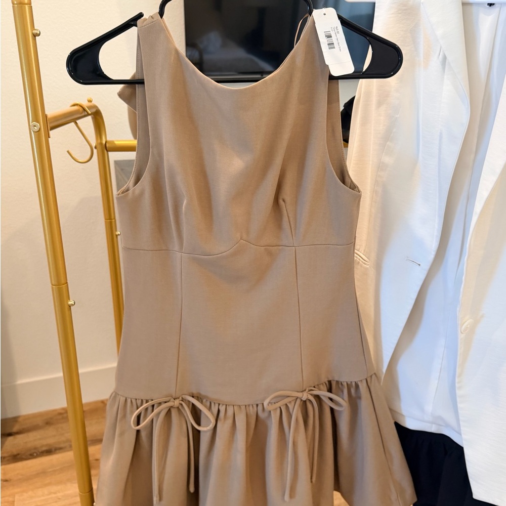 Glam Tan Mini Dress with Ruffle Hem